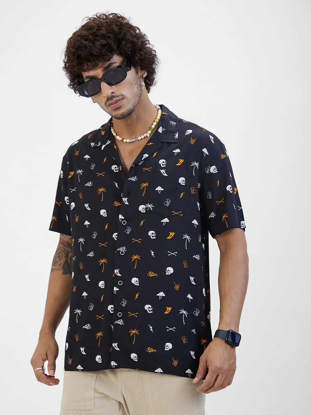 Black Printed Notch Collar Oversized Shirt - Image 5