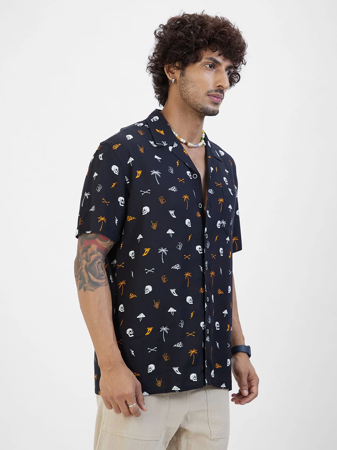 Black Printed Notch Collar Oversized Shirt - Image 6