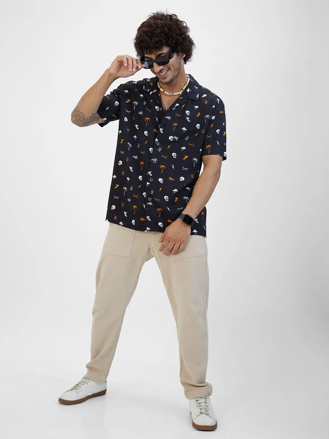 Black Printed Notch Collar Oversized Shirt - Image 8