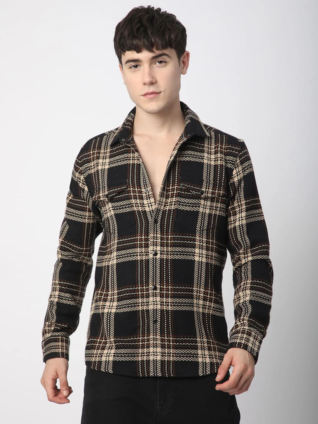 Black Tweed Checks Double Flap Pocket Shirt - Image 5