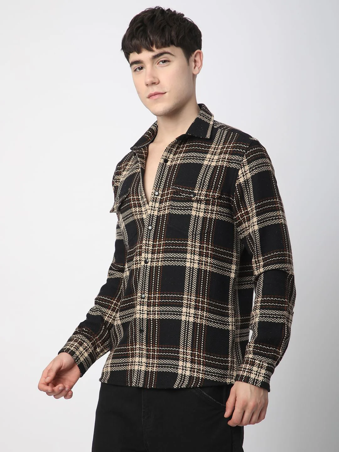 Black Tweed Checks Double Flap Pocket Shirt - Image 6