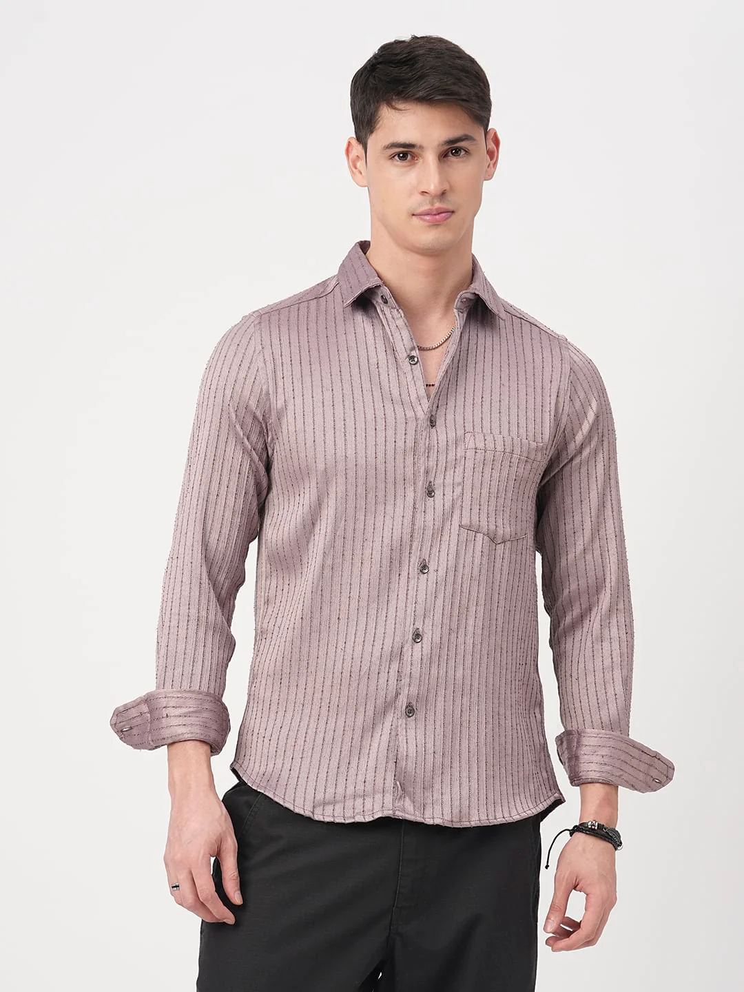 Chocolate Brown Textured Striped Shirt - Image 5