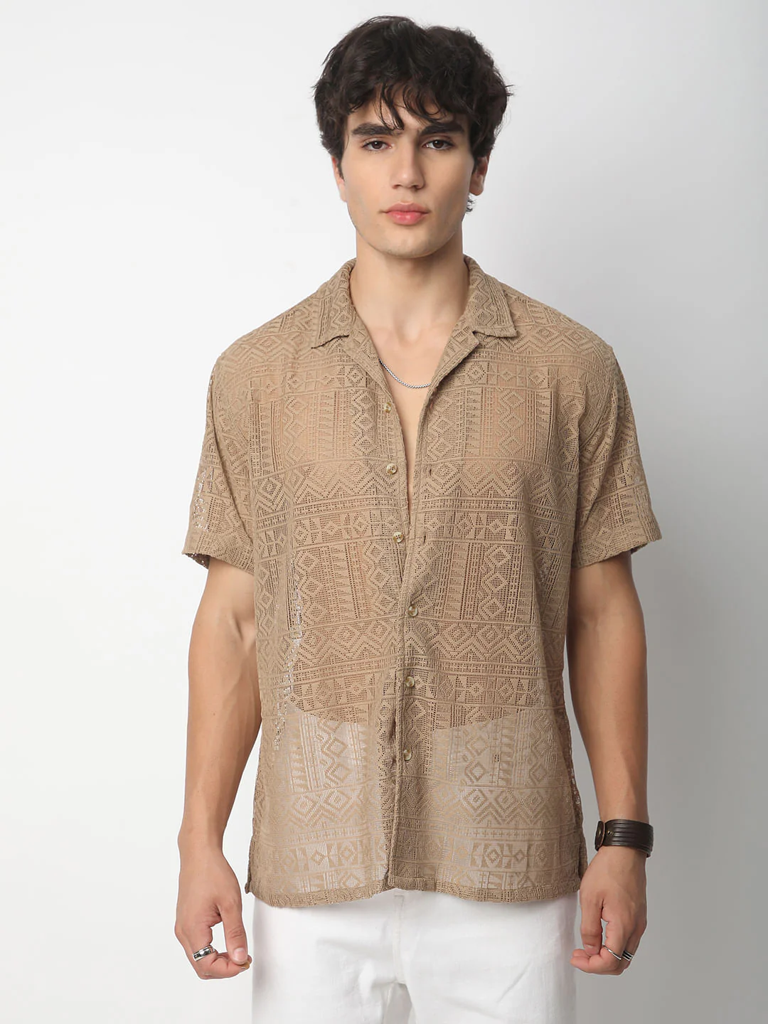 Finesse Brown Crochet Oversized Shirt - Image 5