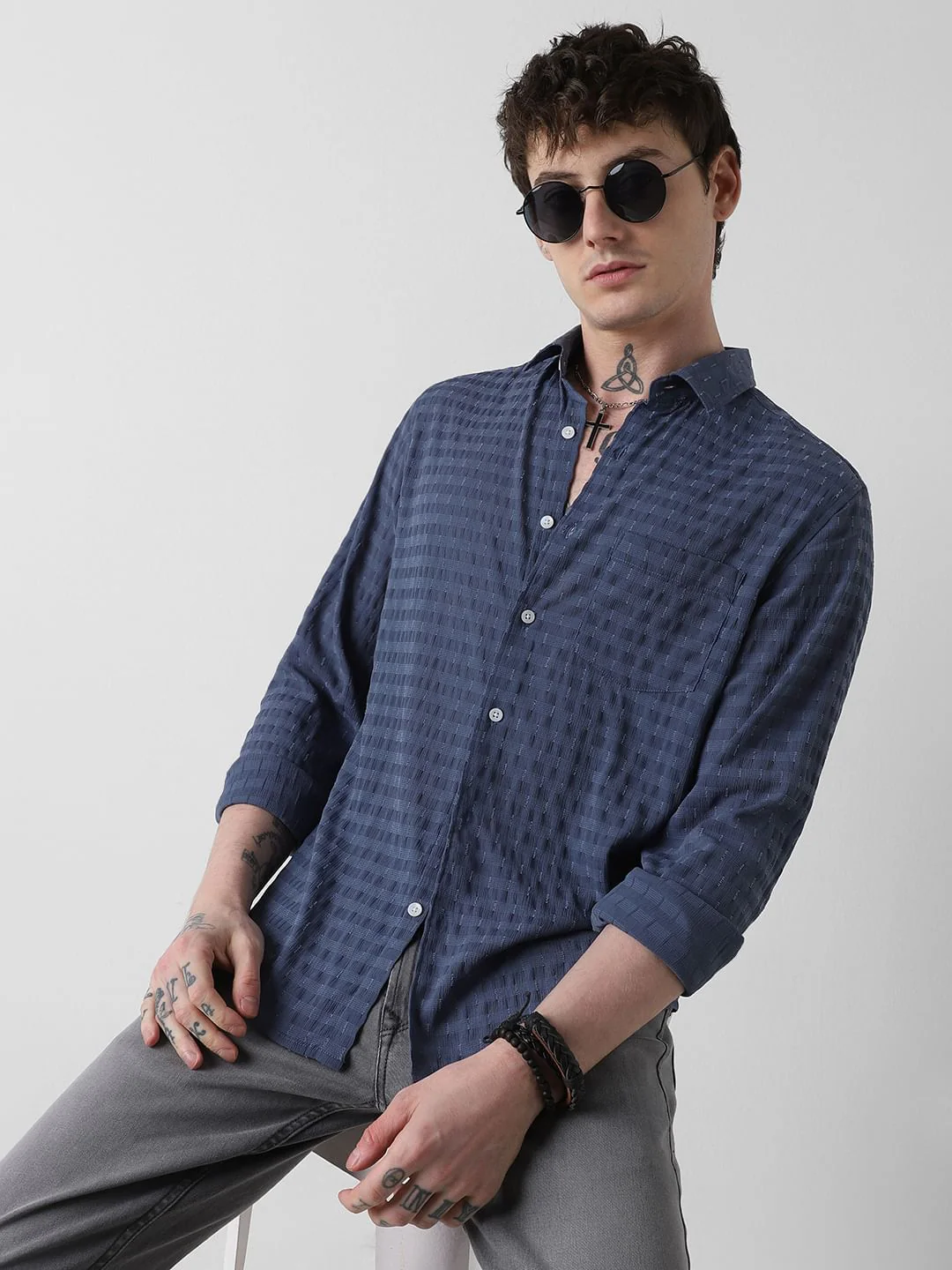 Navy Blue Dobby Horizontal Striped Shirt - Image 4