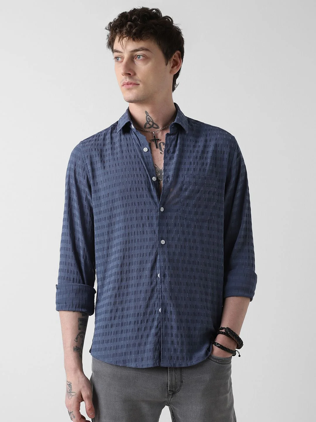 Navy Blue Dobby Horizontal Striped Shirt - Image 5