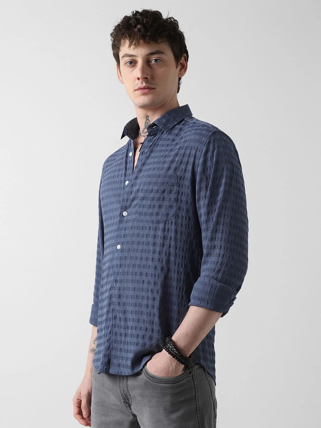 Navy Blue Dobby Horizontal Striped Shirt - Image 6