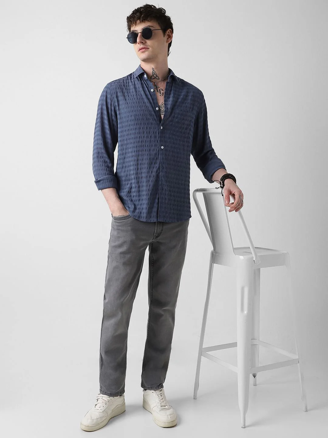 Navy Blue Dobby Horizontal Striped Shirt - Image 8