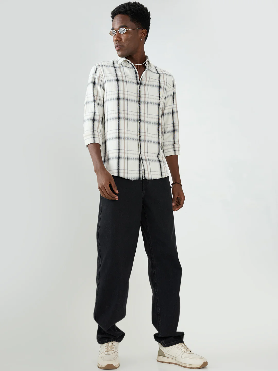 Premium White & Grey Soft Textured Checks Shirt - Image 8