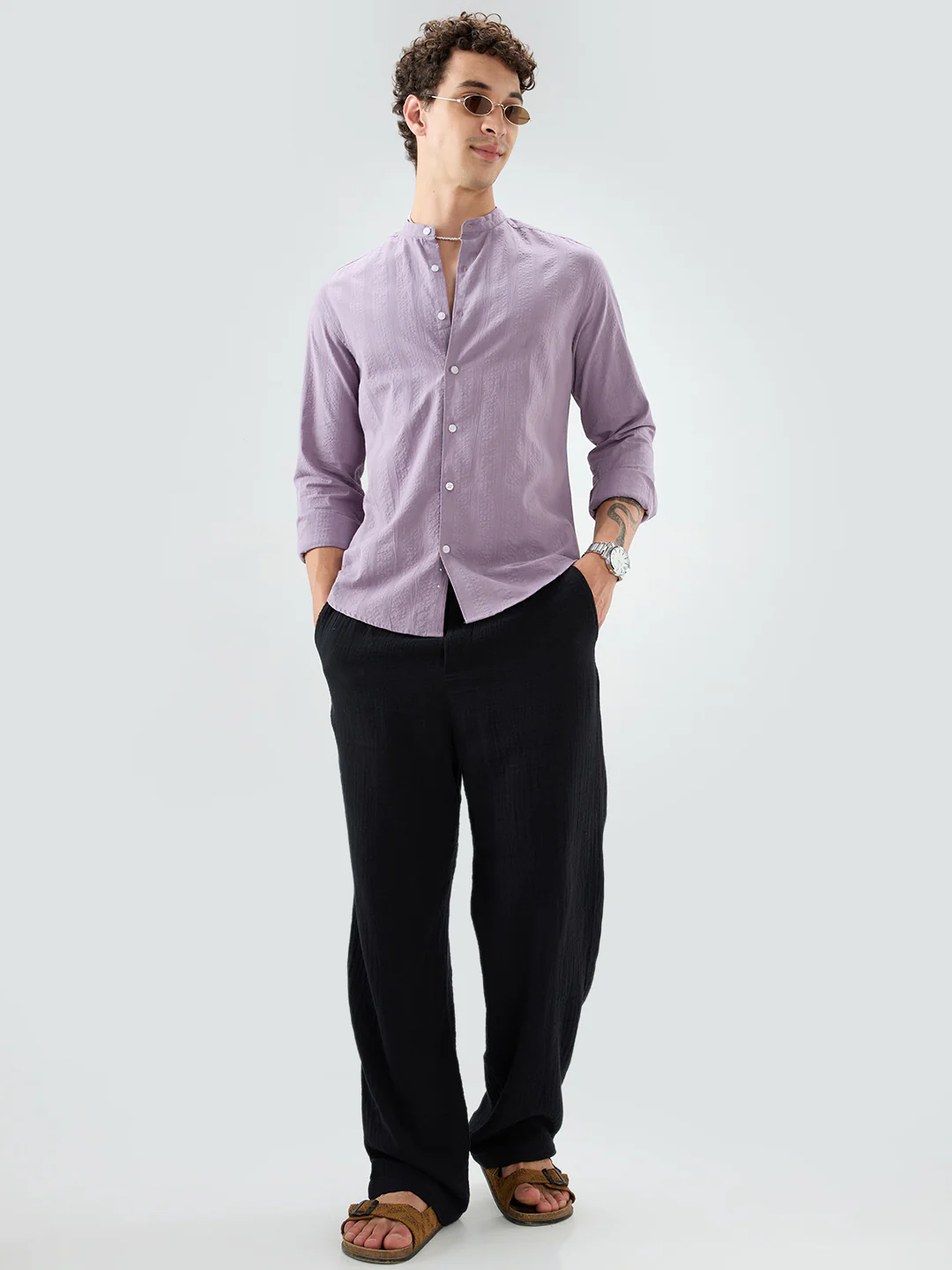 Soft Lavender Seersucker Striped Mandarin Shirt - Image 7