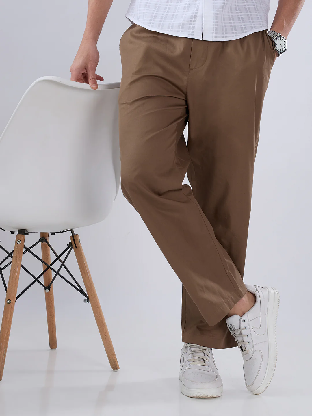 Solid Brown Tapered Trousers - Image 4