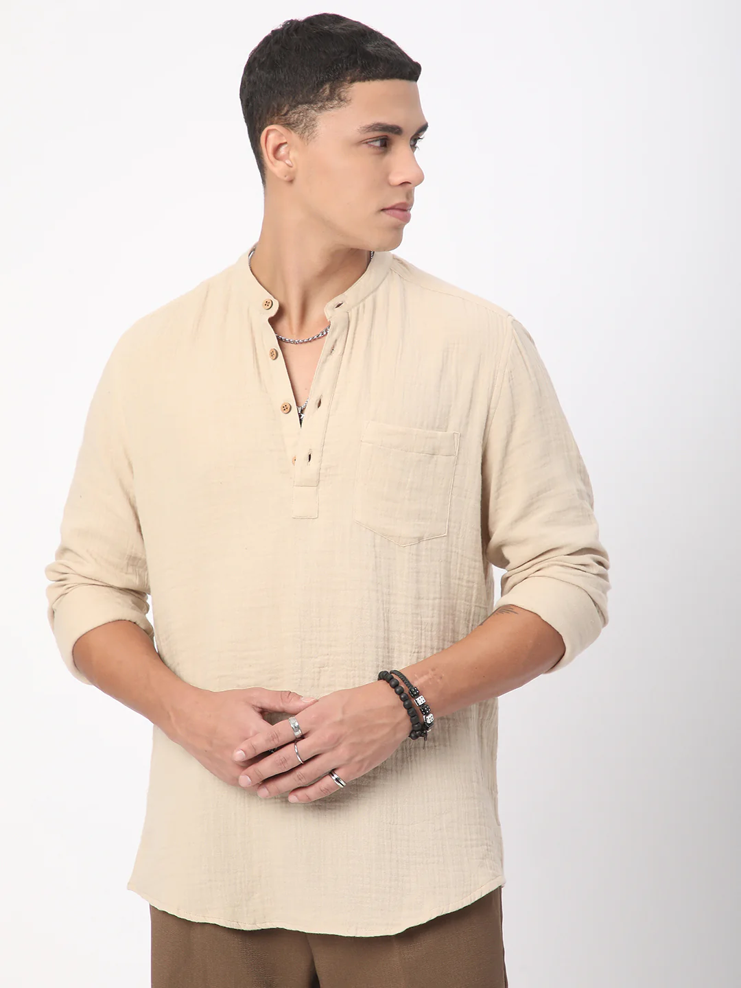 Tan Beige Double Cloth Crinkled Kurta - Image 4