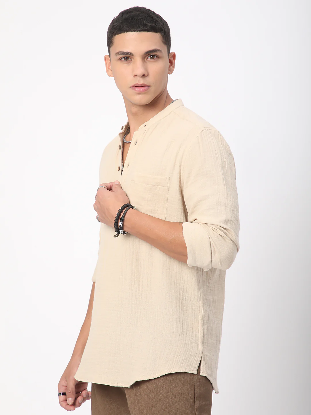 Tan Beige Double Cloth Crinkled Kurta - Image 5