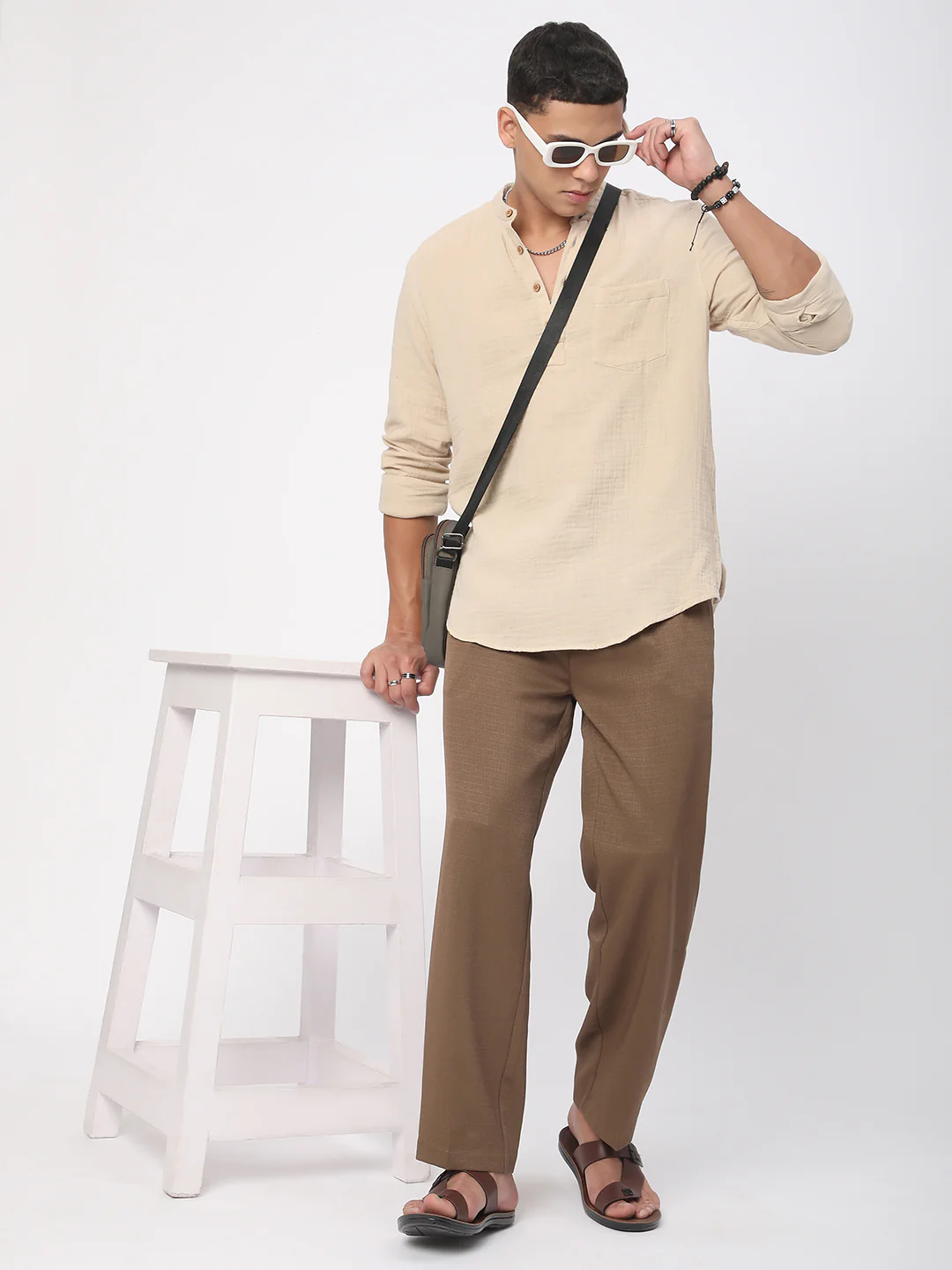 Tan Beige Double Cloth Crinkled Kurta - Image 8