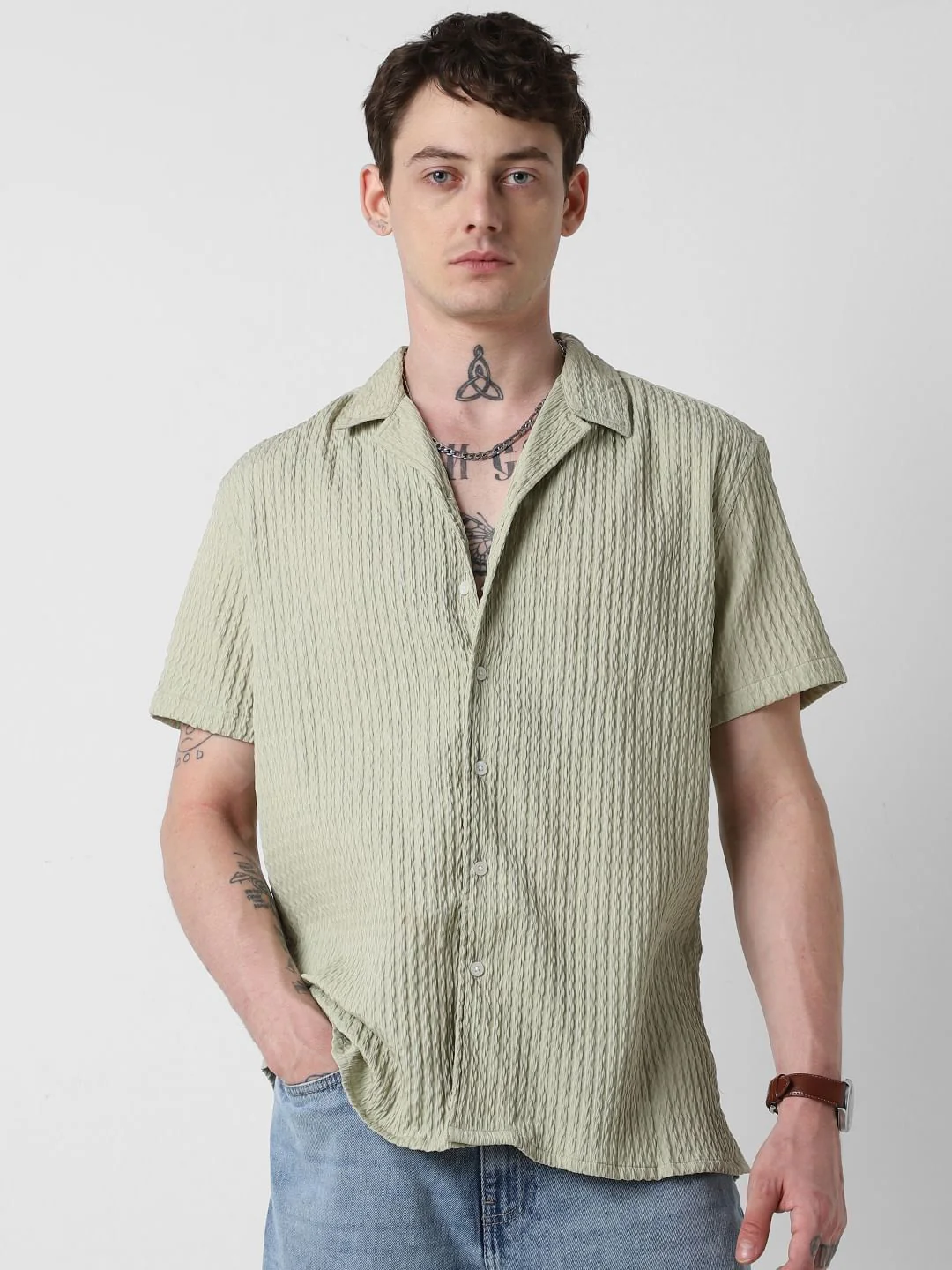 Tea Green Textured Oversized Shirt - Image 4