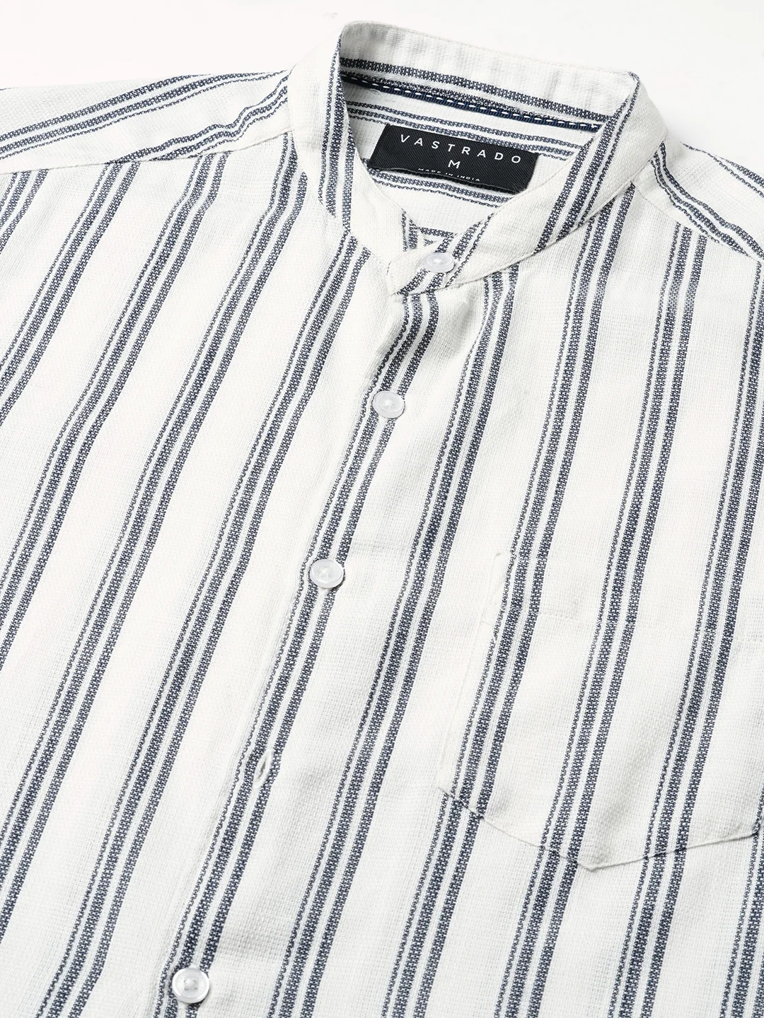 White & Navy Vertical Striped Mandarin Shirt - Image 3
