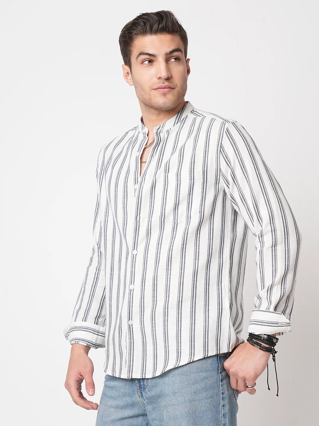 White & Navy Vertical Striped Mandarin Shirt - Image 6