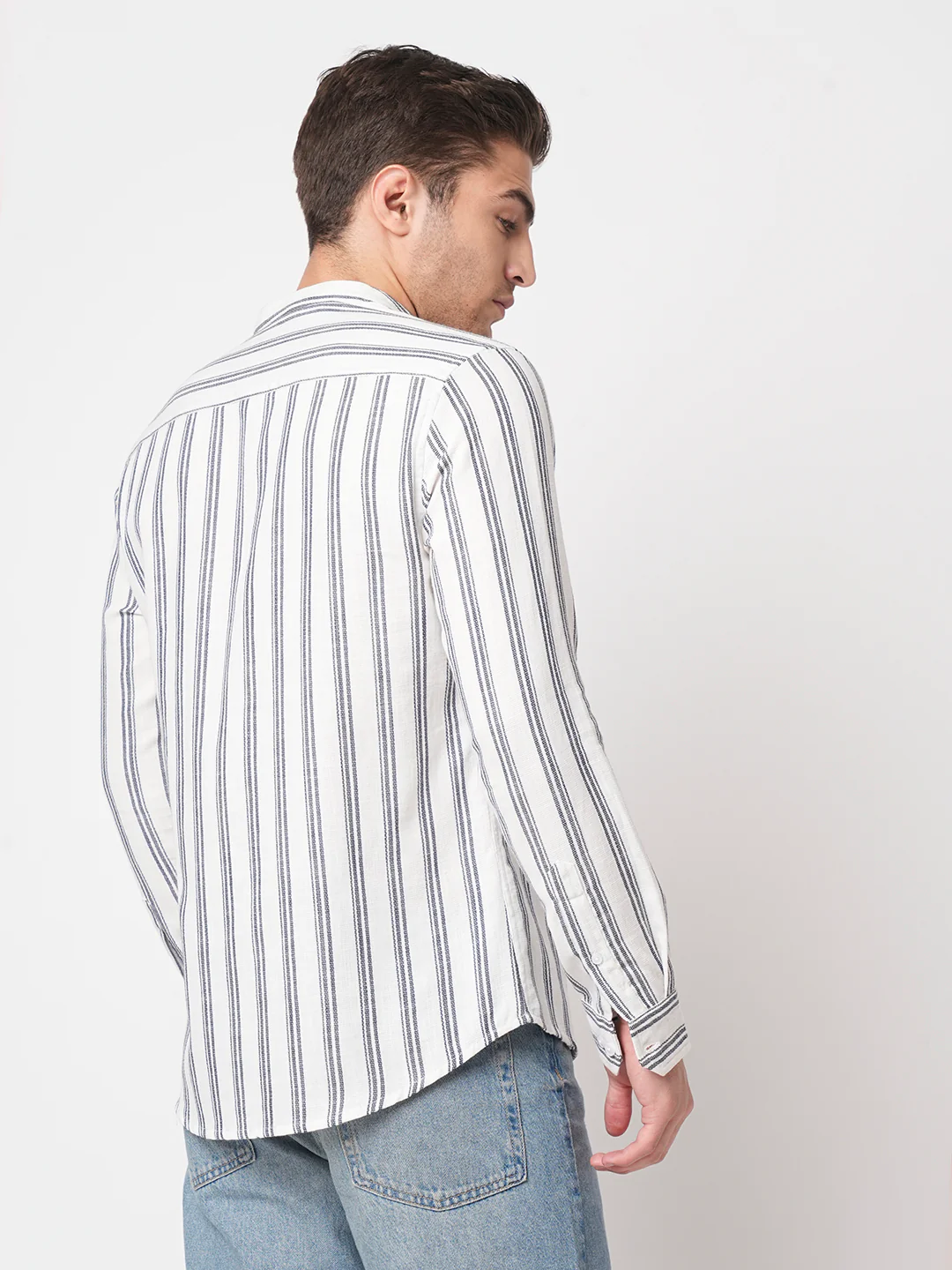 White & Navy Vertical Striped Mandarin Shirt - Image 7
