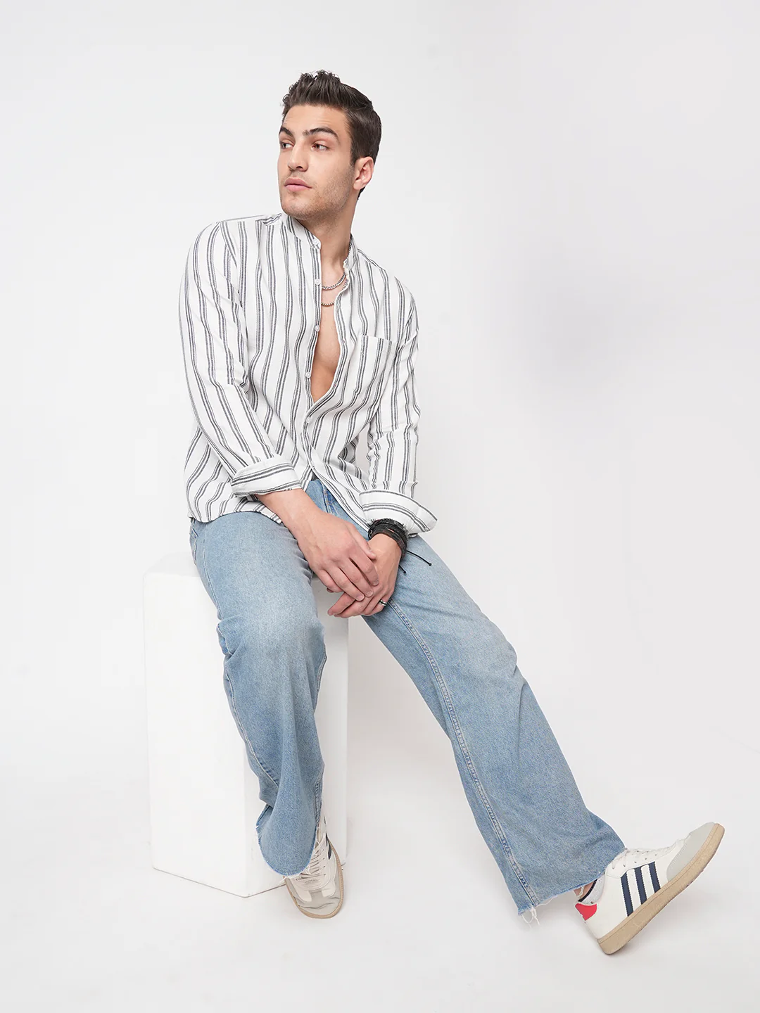 White & Navy Vertical Striped Mandarin Shirt - Image 8